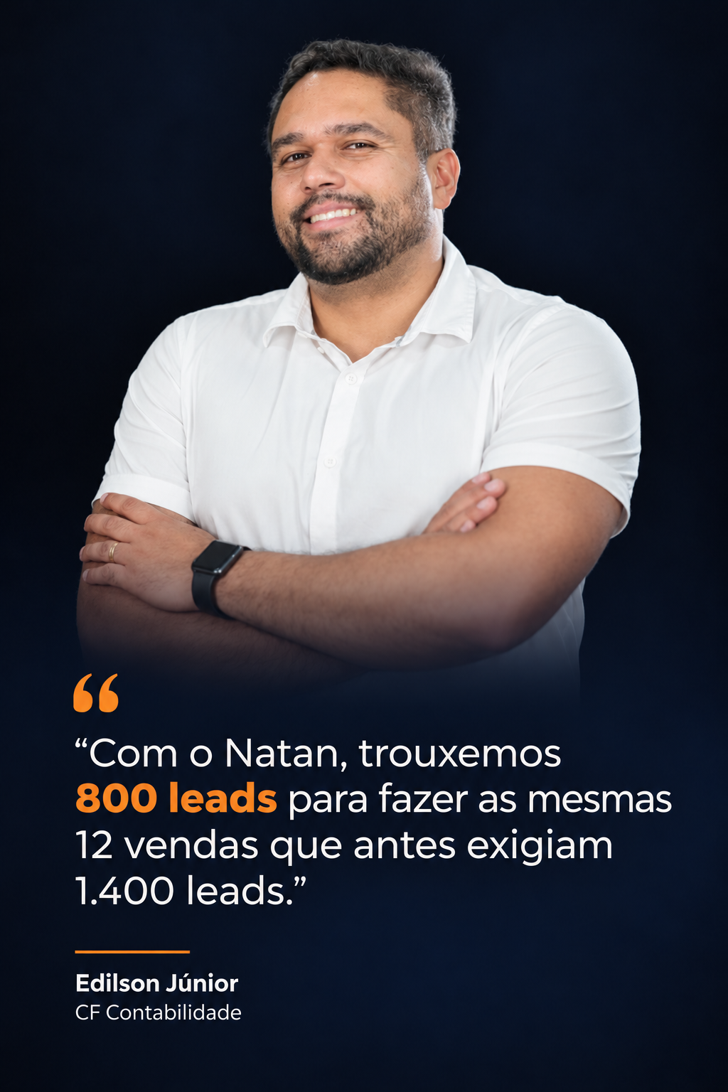 Edilson Júnior — CF Contabilidade. Com o Natan, trouxemos 800 leads para fazer as mesmas 12 vendas que antes exigiam 1.400 leads.
